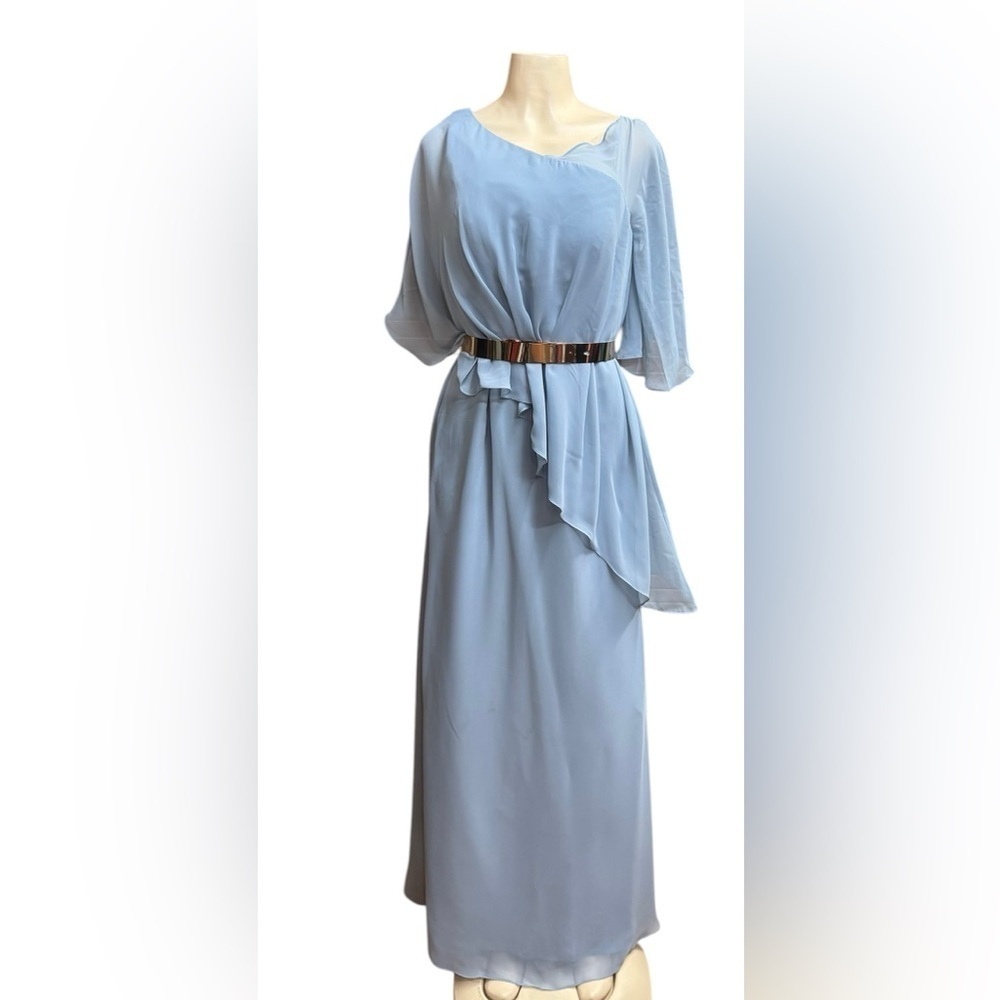 Numbersea. Blue Asymmetrical Gown with Cowl Neck and Dolman Sleeves